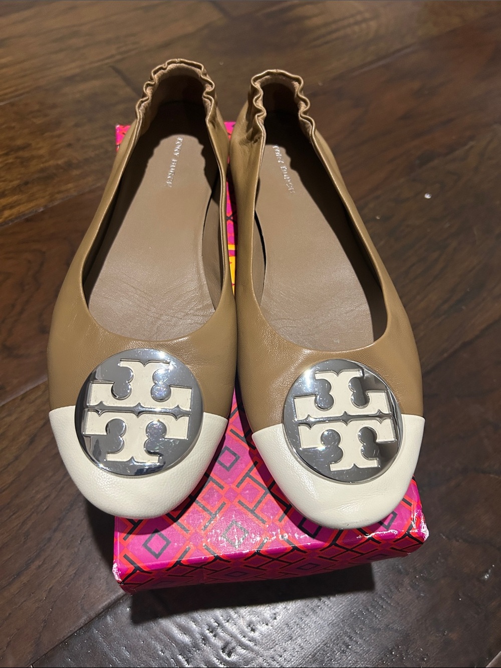 Tory Burch Tan Leather Ballet Flats with Cream Toe and Silver Logo